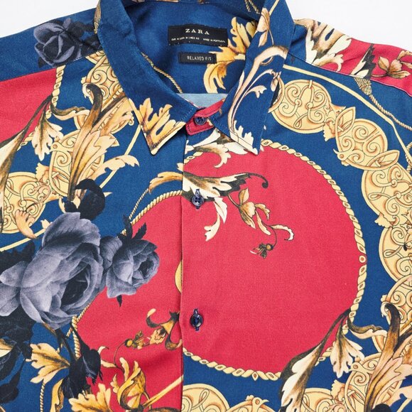 Zara Size Medium Relaxed Fit Mens Navy Floral Viscose Long Sleeve Designer Shirt - Picture 5 of 9